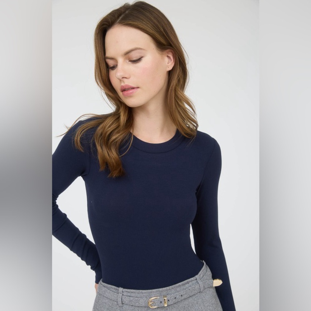 The Workshop Round Neck Long Sleeve Sweater Knit Bodysuit In Navy - Picture 6 of 6